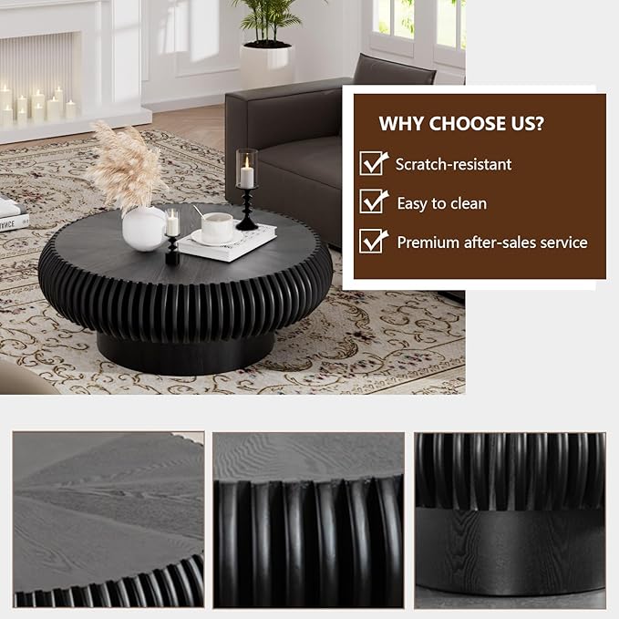 Round Drum Coffee Table Modern Unique Circle Drum Coffee Tables Mid Century Coffee Table with Sturdy Pedestal Fluted Tea Table for Living Room Office Small Space(Black 31.5in)