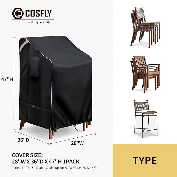 COSFLY Stackable Patio Chairs Covers Waterproof, Outdoor Furniture Covers Heavy Duty for 4-6 Stacking Chairs 1 Pack - Fits up to 28w x 36D x 47H inches (Black) - Image 2