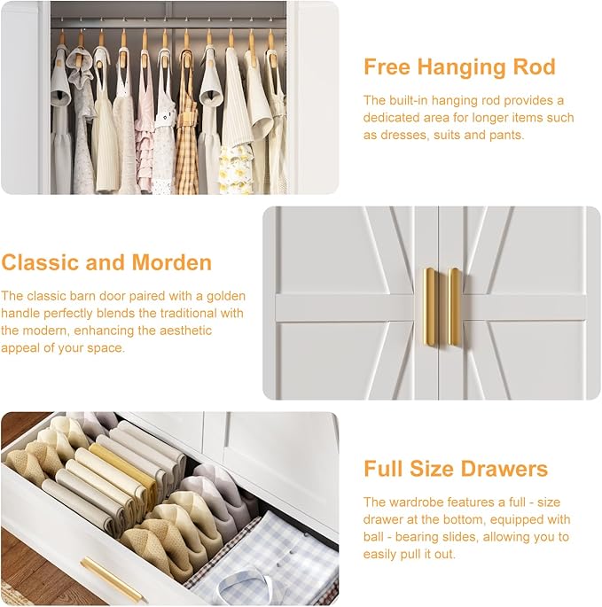 COFaR 71 Farmhouse Metal Wardrobe Closet with Hanging Rod, 2 Barn Doors, Adjustable Shelves, Steel Armoire with Drawer for Home, Bedroom White