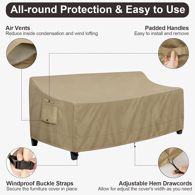 PureFit Outdoor Couch Cover Waterproof Patio Sofa Furniture Covers, 3-Seater Outdoor Cover with Air Vent and Handles, 78W x 35D x 35H Inches, Camel - Image 5