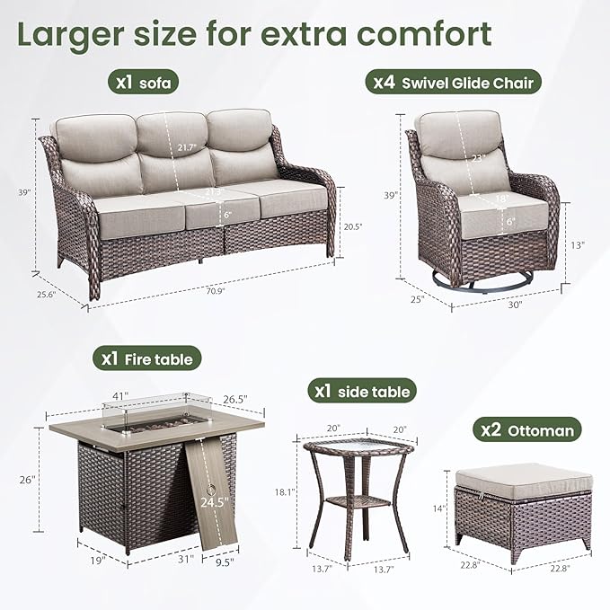 Luxury Patio Furniture Set with 6-inch Thick Cushion, Outdoor Furniture with Fire Pit Table, Swivel Chairs, Sofa, Side Table, Ottomans, 9pcs Wicker Conversation Set for Deck Yard and Poolside(Beige)