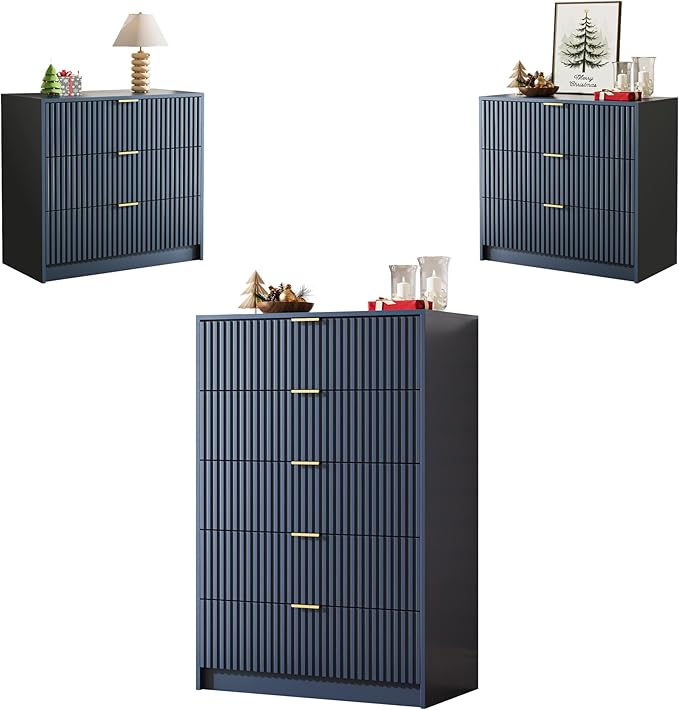 MAISONARIA 3-Piece Dresser Bedroom Set, 5 Drawer Dresser & 3 Drawer Nightstands with Gold Handles, Fluted Wood Chest of Drawers for Bedroom, Living Room, Entryway, Navy Blue