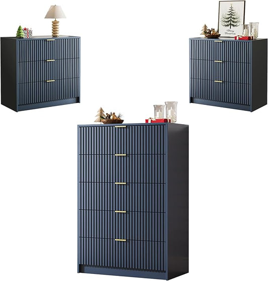MAISONARIA 3-Piece Dresser Bedroom Set, 5 Drawer Dresser & 3 Drawer Nightstands with Gold Handles, Fluted Wood Chest of Drawers for Bedroom, Living Room, Entryway, Navy Blue