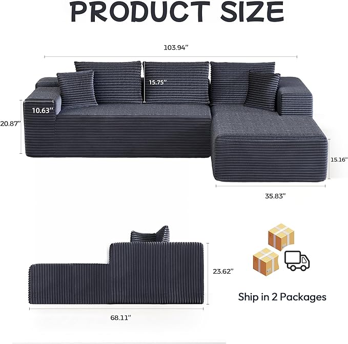 L-Shape Cloud Sectional Sofa, 104” Modern Modular Boneless Couch with Left Chaise Lounge, Compressed Floor Sofa with 5 Pillows & Deep Seat, Flannel Velvet Couch for Living Room, Dark Gray