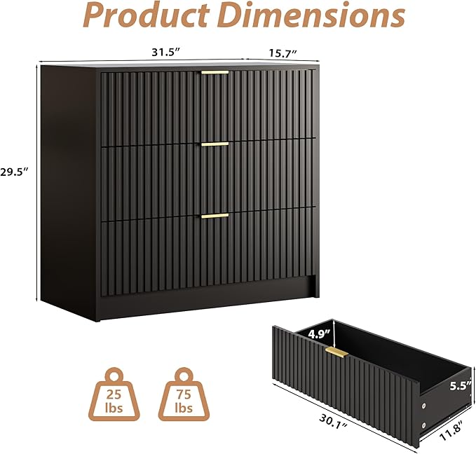 MAISONARIA 3-Piece Dresser Bedroom Set, 5 Drawer Dresser & 3 Drawer Nightstands with Gold Handles, Fluted Wood Chest of Drawers for Bedroom, Living Room, Entryway, Black