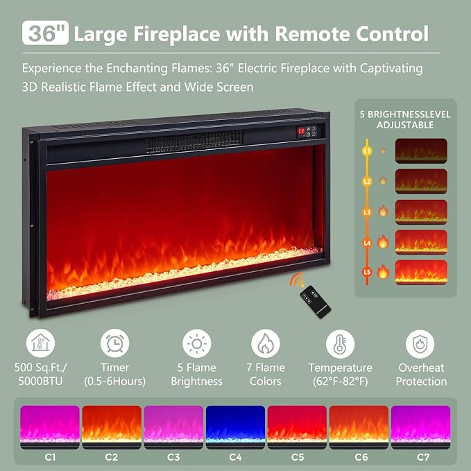 Modern Fireplace TV Stand with 36"LED Electric Fireplace for 80 inch TVs, 32"Tall Entertainment Center w/Drawers &Adjustable Shelves, Wood Media Console w/Curved Profile Design for Living Room,Natural - Image 4