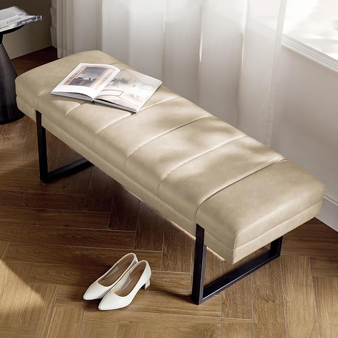 HULALA HOME 53" Faux Leather Entryway Bench, Button Tufted End of Bed Bench Ottoman for Bedroom, Living Room with Metal Base,Beige - Image 9