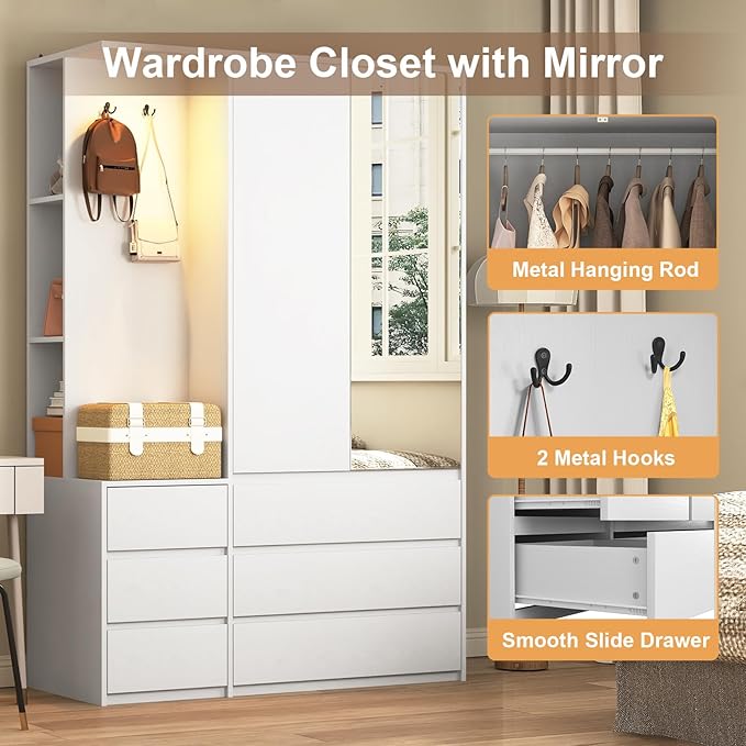 72'' Armoire Wardrobe Closet with Mirror and 6 Drawers,Bedroom Armoire Wardrobe Cabinet with Hanging Rod and Light,Wooden Bedroom Closet with 3 Storage Shelf (White)