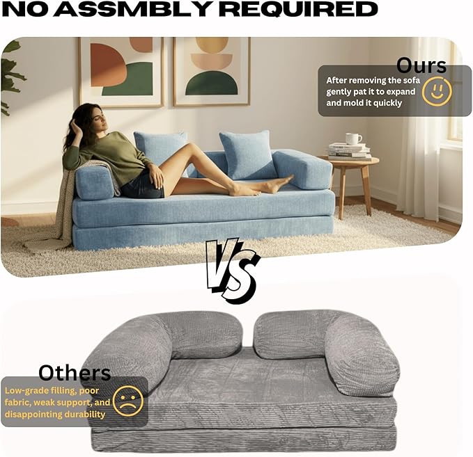 4-in-1 Folding Convertible Sofa Bed, 77" Floor Couch with Pillow - Chenille Fabric & High-Density Sponge & Fixed-Shape Frame, Modular Sofa for Living Room/Lounge/Studio, Blue