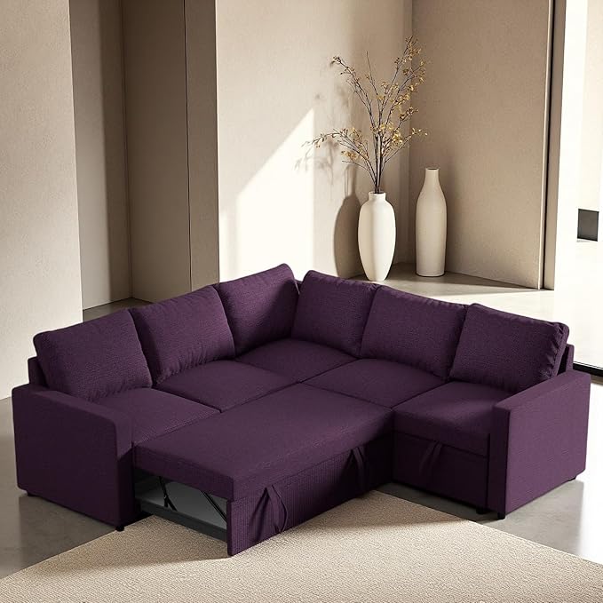 Modular Sofa Bed Couch with Storage, 82" Reversible Sleeper Sofas with Pull Out Bed, Pull Out Couch for Living Room Apartment Bedroom Office, Dark Purple