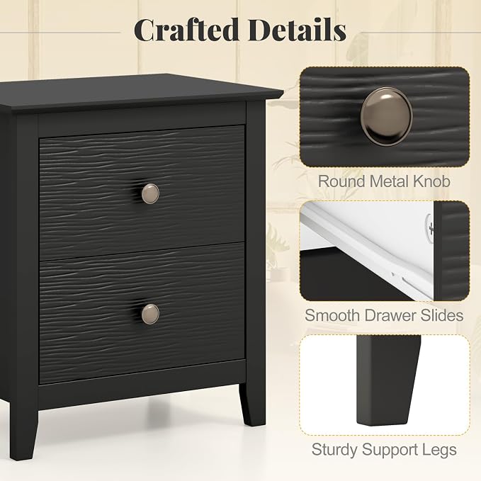 Giantex Nightstands Set of 2, Modern 2 Drawers Night Stands with Handles, Sofa Side Table with Sturdy Legs for Small Spaces, College Dorm, Kids’ Room, Wooden Bedside Tables for Bedroom, Black - Image 6