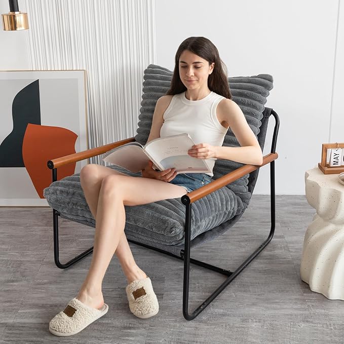 MAXYOYO Accent Chair, Sherpa Arm Chair for Living Room, Mid Century Modern Accent Chairs, Boucle Reading Bedroom Chair, Teddy Armchair, Wooden Arms Metal Frame