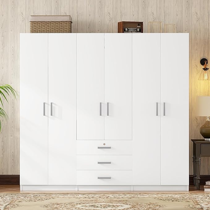68" H Large 6 Doors Wooden Wardrobe Closet, Freestanding Armoire Wardrobe Closet Cabinet with 3 Drawers, Shelves and Hanging Rod for Hanging Clothes, Coat Closets for Bedroom, White