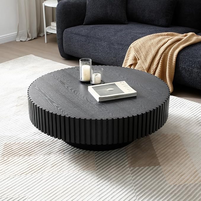 WILLIAMSPACE 39.4" Black Round Coffee Table, Modern Luxury Wood Circle Drum Center Table for Living Room, Accent Side End Table for Apartment, ø39.4'' x 13.4''H (Black)
