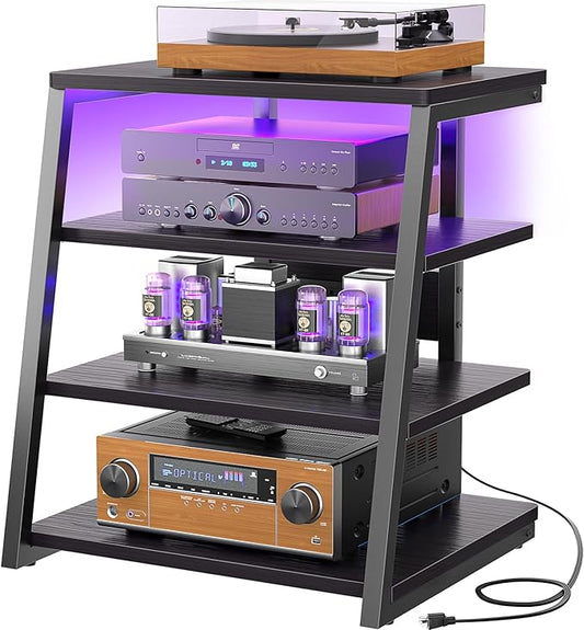 Armocity 4-Tier AV Media Stand with Power Strips, Stereo Stand with LED Lights, Rack Audio Tower with Adjustable Shelves, Small Entertainment Center, 30'', Black Ebony by Armocity