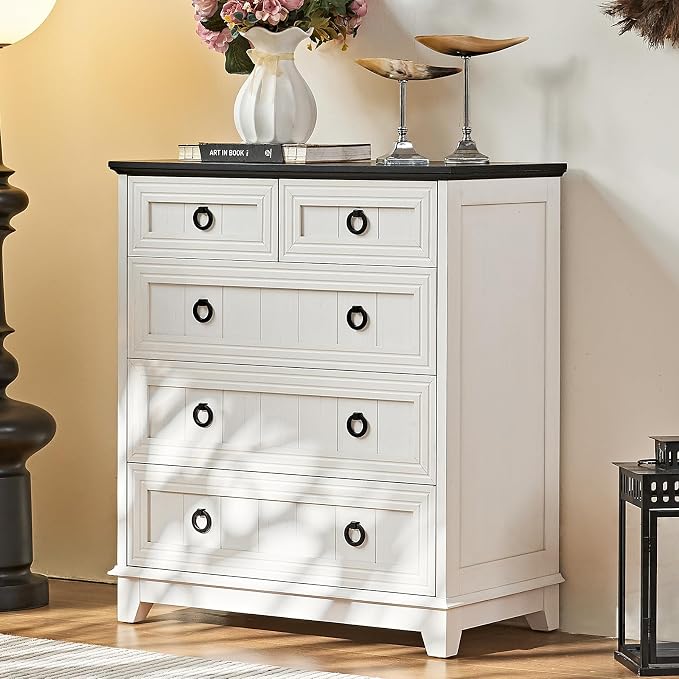 Joaxswe Farmhouse 5 Drawer Dresser for Bedroom, 33.2" Tall Small Dressers & Chest of Drawers, Rustic Wood Dresser with Metal Handle, Storage Organizer Closet for Living Room, Hallway, Entryway by Joaxswe