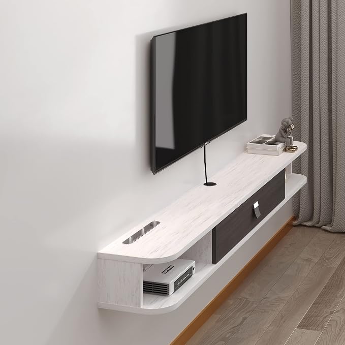 Pmnianhua Floating TV Console,78'' Wall-Mounted Media Console TV Cabinet Floating TV Stand Entertainment Shelf with Door and Storage (Grey-White) by Pmnianhua