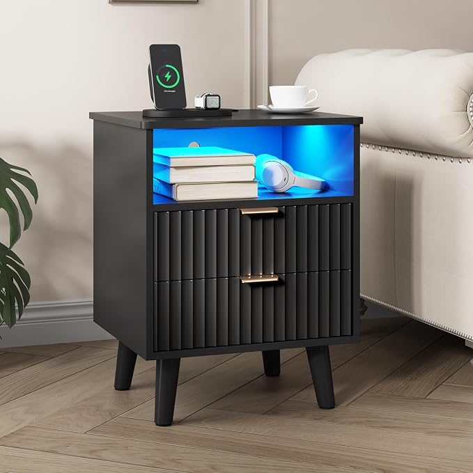 AOGLLATI Night Stand with Charging Station and Fluted Panel, 2 Drawers Black Nightstand with LED Lights and Open Storage Cubby, Modern LED Bedside Table with Metal Handle for Bedroom - Image 7