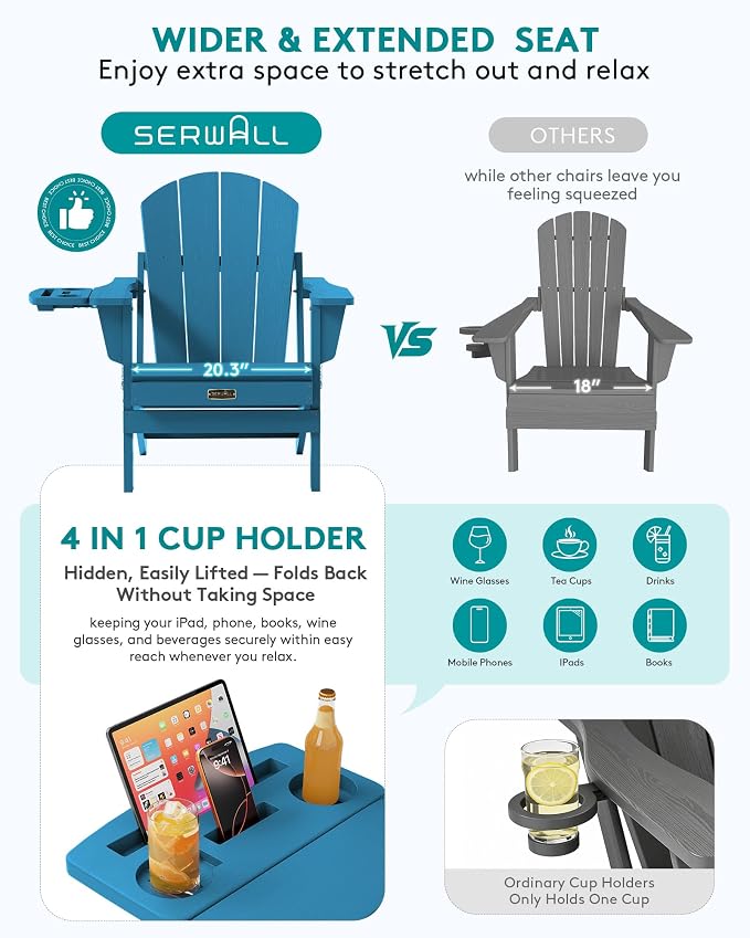 SERWALL Folding Adirondack Chair with 4 in 1 Multi-Functional Cup Holder, Wood Texture Adirondack Chairs for Patio Garden Outdoors, All-Weather Plastic Fire Pit Chairs - Sapphire - Image 5