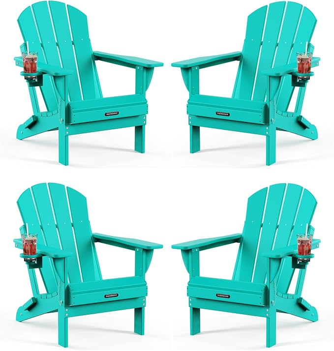 MUCHENGHY Folding Adirondack Chairs 4 Pack, Patio Chairs, Outdoor Chairs, Adirondack Chair Plastic, Fire Pit Chairs, Weather Resistant with Cup Holder for Deck, Backyard, Garden(Lake Blue) by MUCHENGHY