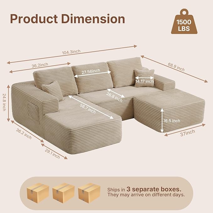 104" Boneless Modular Sectional Sofa with Reconfigurable U-Shaped Layout, No Assembly Required Compressed Sofa, Deep Seat Seating with Ottoman for Living Room, Bedroom, Apartment Beige Left