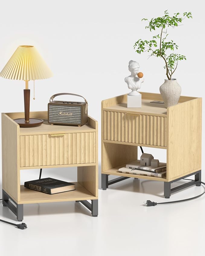 Fluted Night Stand Set 2 with Charging Station, Wood Nightstand with Large Drawer and Open Storage Cabinet, Mid-Century Modern Bedside Table End Table for Bedroom Closet Office by DEMEGA