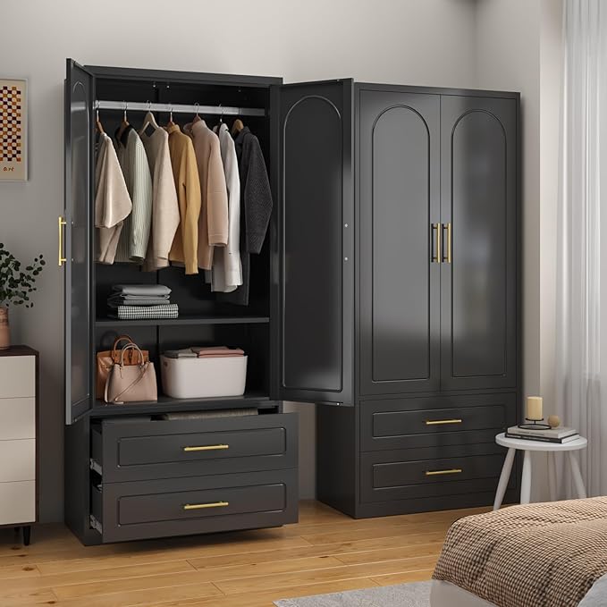 SteeLoong Metal Armoire Wardrobe Closet with 2 Drawer,71Inch Black Clothing Storage Cabinets with Hanging Rod, for Bedroom Home Office