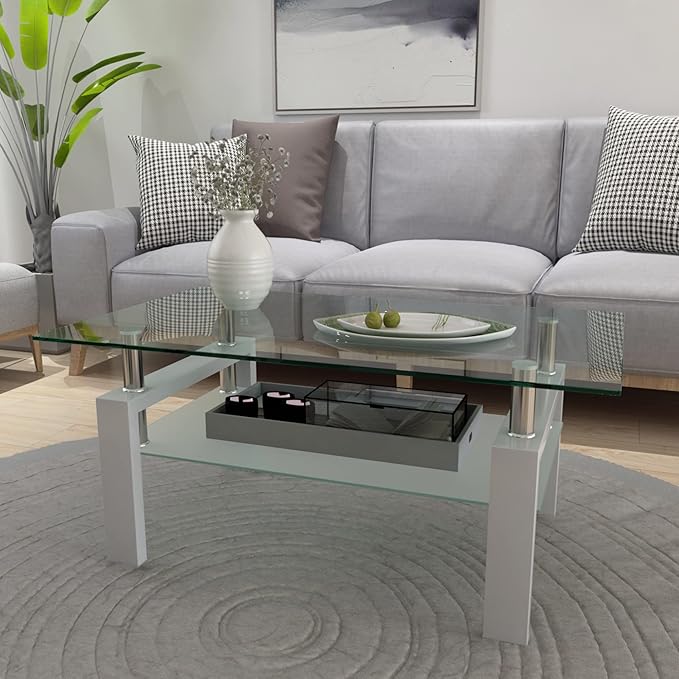 IANIYA Glass Coffee Table, Living Room Rectangle Coffee Table with Tempered Glass & Metal Tube, 2 Layers of Storage Space Modern Tea Table Side Table for Waiting Room Small Space