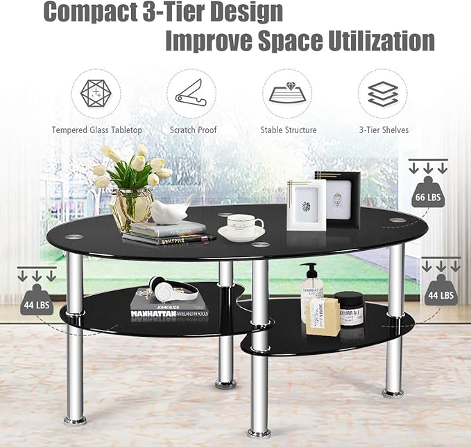 S AFSTAR Glass Coffee Table, 3-Tier Modern Oval Smooth Glass Tea Table Center Table End Table with Open Storage Shelf,Sturdy Steel Legs for Living Room,Home,Office,Cocktail Tea Table (Black)