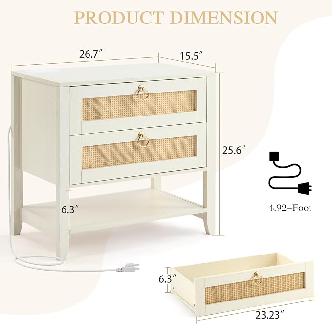 JOMEED White Nightstand with Charging Station, Boho Nightstand Large Rattan Nightstand with Drawers and Open Shelf, Side Table, Bedside Table End Table for Bedroom - Image 2