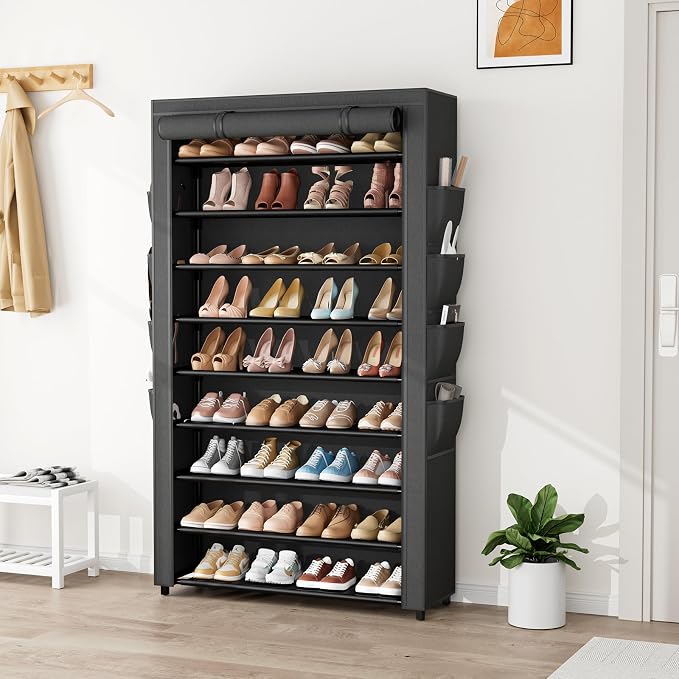 Shoe Rack with Cover, 10 Tier Shoe Organizer Storage for 40-50 Pairs Sneaker and Boots, Large Capacity, with 8 Pockets, Free Standing Tall Shoe Rack for Front Door Entrance, Closet - Image 2