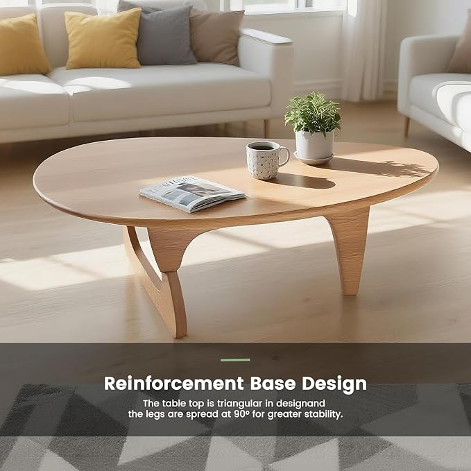 Solid Wooden Modern Triangle Coffee Table: Unique Funky Coffee Tables for Living Room, Oval Mid-Century Irregular Abstract Tea Tables for Patio Office Balcony Bedroom (Natural, 50" L x 31" W x 16" H)