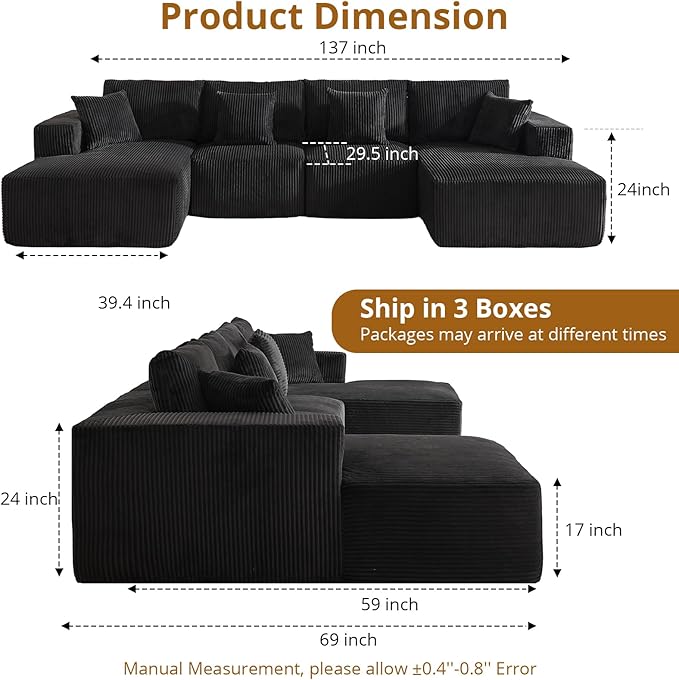 Cloud Boneless Couch 137" Modern Sectional U-Shaped Comfy No Assembly Required Convertible Compression Sleeper Modular Sofa with Corduroy Fabric Deep Seat Single + Chaise for Living Room