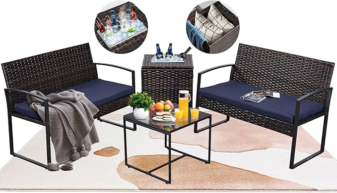 FHFO 4 Piece Outdoor Patio Furniture Set with Built-in Beverage Cooler Storage Box, Wicker Conversation Sets Patio Outdoor Loveseats & Coffee Table for Outside, Garden, Balcony, Porch, Brown/Blue