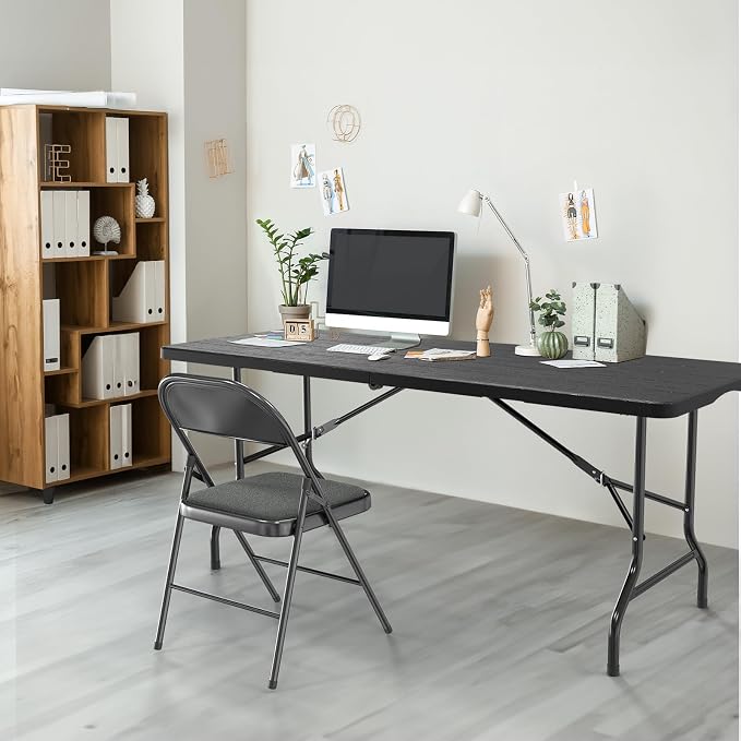 VINGLI 6 Foot Plastic Folding Table Portable Long Table for Indoor Outdoor Use Rectangular with Carrying Handle, Tree Patterned HDPE Tabletop, Black - Image 6
