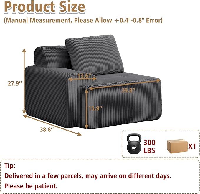 KIGOTY Modular Sectional Sofa, Comfy Cloud Sectional Couch with Left Armrest, Corner Couch, Modern Boneless Sofas for Living Room, No Assembly Required, Grey
