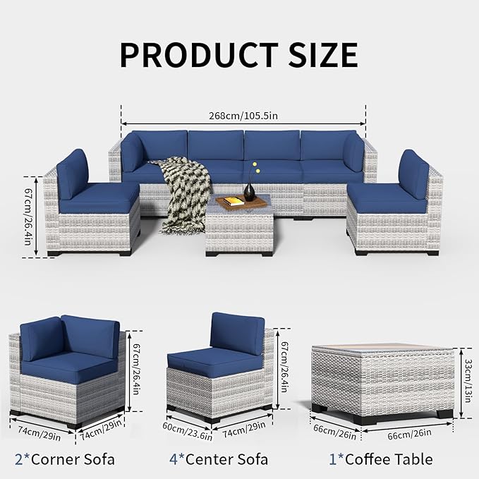 7 Piece Patio Furniture Set, Rattan Outdoor Patio Conversation Sets, Outdoor Sectional Furniture with Thickened Cushion and Coffee Table, for Deck, Backyard, Garden, Off-White & Dark Blue