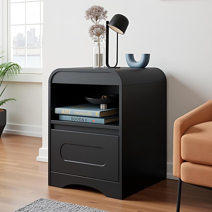 Night Stand [Curved Profile] Nightstand with 1 Drawer and 1 Storage Black Bed Side Table End Table Large Modern Wide Bedside Stand Tall Night Stands for Bedroom Living Room Sofa Couch Home Office - Image 3