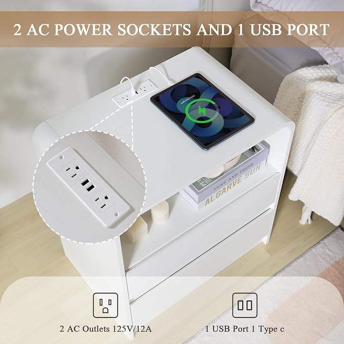 Modern Nightstands with Charging Station, White Night Stand with 2 Drawers, Wood End Table with Storage, 23.6'' Wide Bedside Cabinet for Bedroom - Image 6