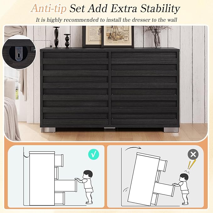 LUXOAK 3 Pcs Bedroom Furniture Set - Includes Farmhouse 6 Drawer Dresser and Nightstand Sets of 2 with Charging Station, Slated Handles & Stainless Steel Feet, Black