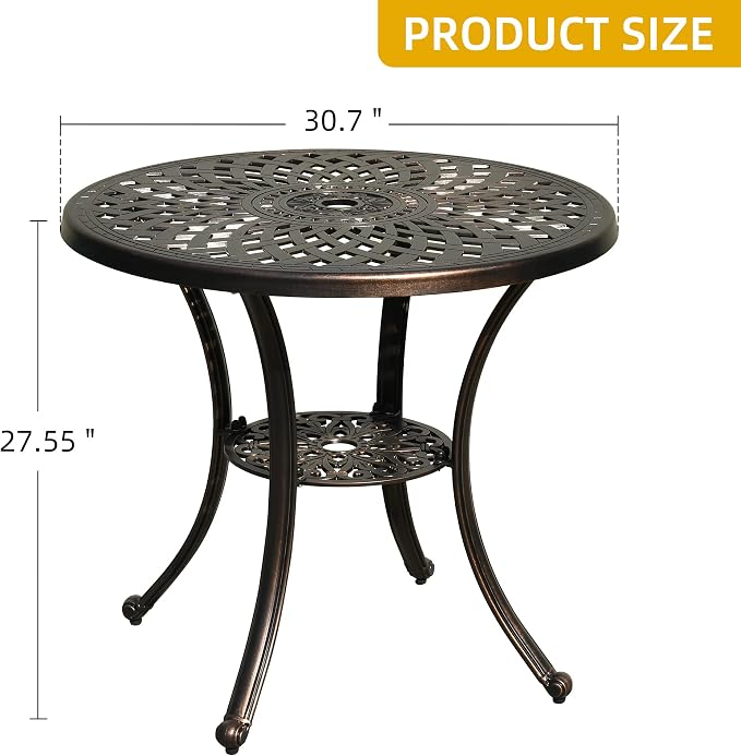DWVO 30 Inches Round Patio Dining Table with Umbrella Hole, Antique Cast Aluminum Outdoor Bistro Table Outdoor Side Table for Backyard, Garden, Patio, Porch, Hammered Bronze - Image 3