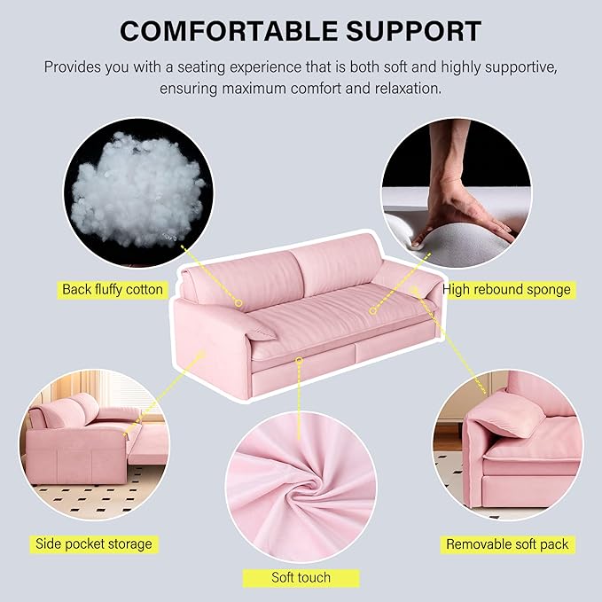 Eafurn 66" Convertible Sofa Bed Queen Size, 3-in-1 Pull Out Sleeper Couch Sofabed, Modern Velvet Loveseat Chaise Lounge w/Side Storage Pocket for Living Room Office | Removable Cushions