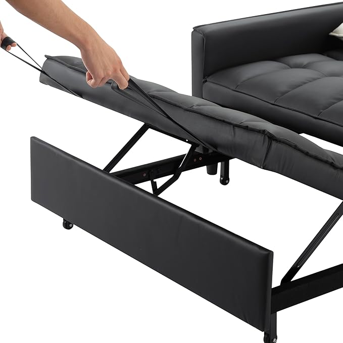 3 in 1 Convertible Sofa Bed, Love Seat Sleeper Bed with Side Pockets, PU Fabric Pull Out Couch with Adjustable Backrest for Living Room, Bedroom, Apartment, Black