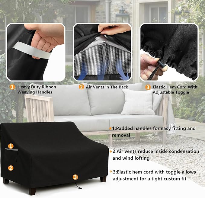 Outdoor Sofa Cover, Waterproof Patio Furniture Cover 58.3W x 32.7D x 31H inches Heavy Duty 600D Oxford Fabric Black - Image 5