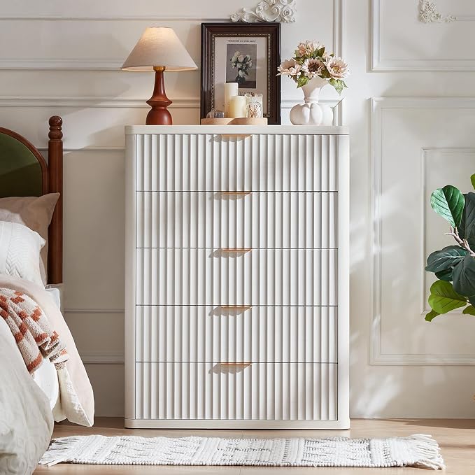 LEYAOYAO Fluted 5 Drawers Dresser for Bedroom, 41" Tall Modern Chest of Drawers with Metal Handle, Curved Profile Farmhouse Closet Organizer Wood Dressers TV Stand for Living Room,Antique White - Image 3
