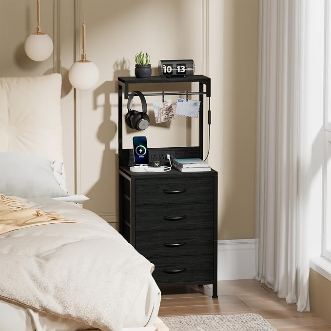 Furnulem Tall Nightstand with Charging Station, Night Stands with LED Lights and Storage Shelves, Bed Side Table for Bedroom, Hallway, Office, 4 Fabric Drawers (Black Oak) - Image 9