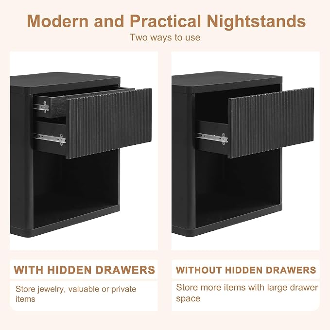 XIAO WEI 22.8" Wide Black Fluted Nightstands with Hidden Drawer, Mid Century Modern Bedside Table with Open Shelf, Large Accent End Table, Curved Profile Design - Image 6