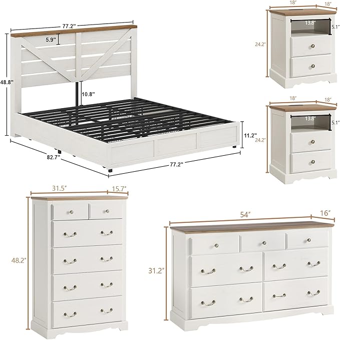 AMERLIFE 5 Piece Bedroom Set, Including Farmhouse King Size Bed Frame with 4 Drawers, 7 Drawer Dresser & 6 Chest of Drawers, 2 Nightstands with Charging Station for Bedroom, White