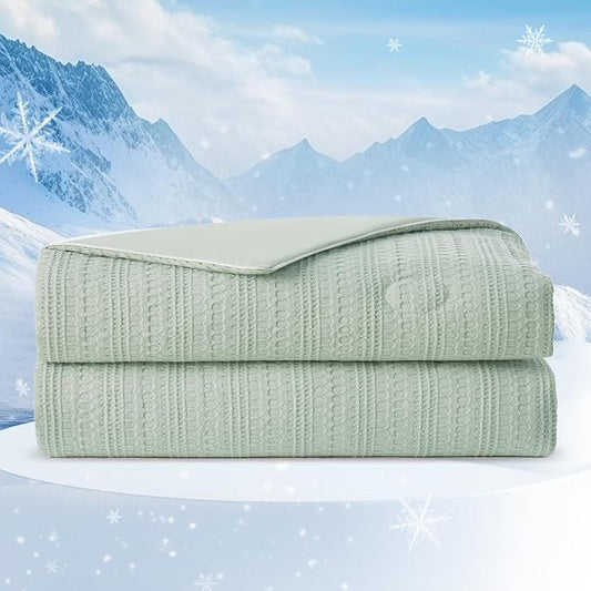 Amélie Home Waffle Cooling Comforter King Size, Q-Max 0.45 Reversible Lightweight Cooling Blanket for Hot Sleepers, Breathable Bedding for Night Sweats, 106"x90", Sage Green
