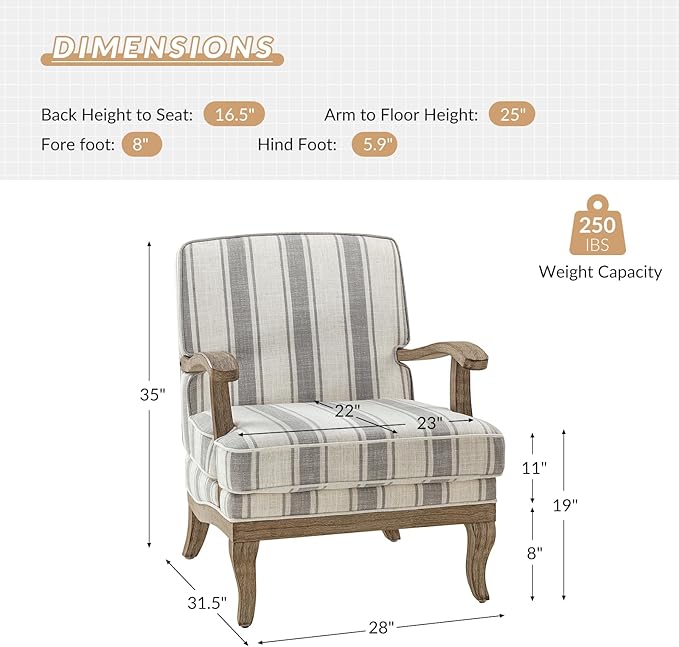 HULALA HOME Mid-Century Modern Chair Set of 2, Upholstered Accent Chair with Graceful Curves and Wooden Legs, Comfy Lounge Armchair Striped Accent Chairs for Living Room, Bedroom, (Grey)